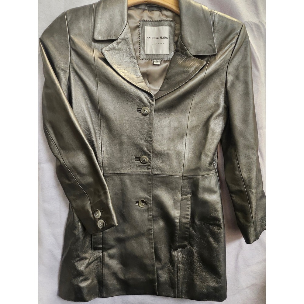 Andrew Marc New York Women 4 Metallic Grey Leather Jacket 90s Blazer Coat